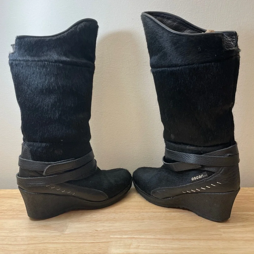 Oscar Sport Italy Black Pony Hair Wedge Boots Faux‎ Shearling Lined Womens 38